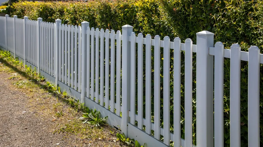 A white picket fence runs along a grassy area.