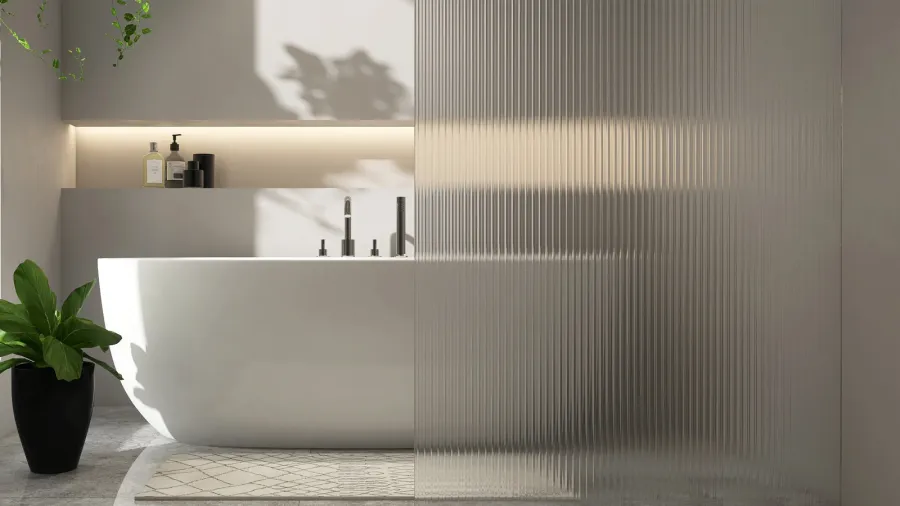 A bathroom interior with fluted glass divider, bathtub, plant, and rug.