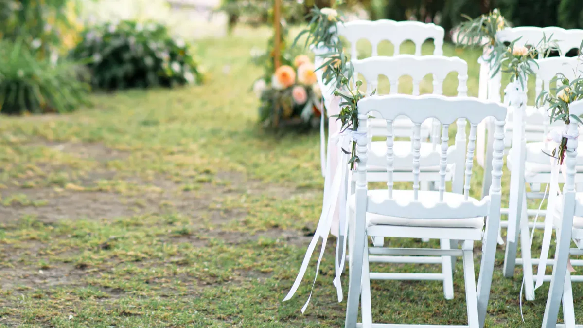 white wooden chairs in a row on the grass