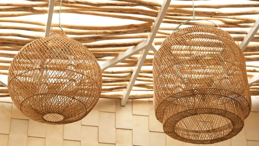 wicker lampshade in an indoor cafe vintage decorative
