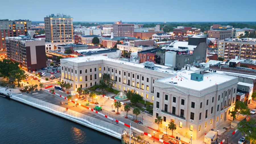 wilmington north carolina usa aerial cityscape at dusk