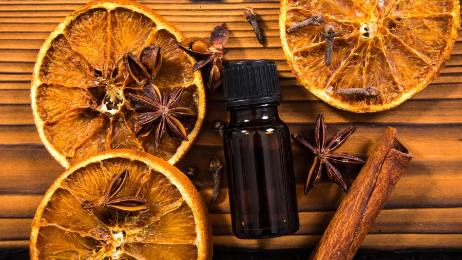 winter essential aroma oil concept flat lay view of