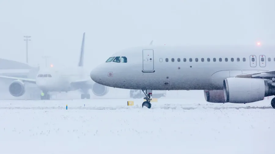 winter frosty day at airport deicing of airplane before flight