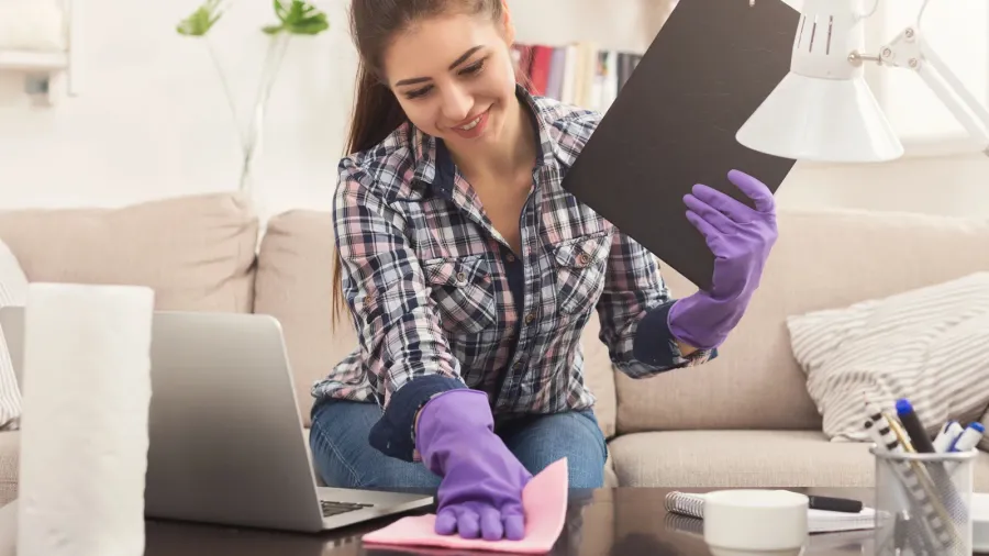 woman cleaning table lamp copy space