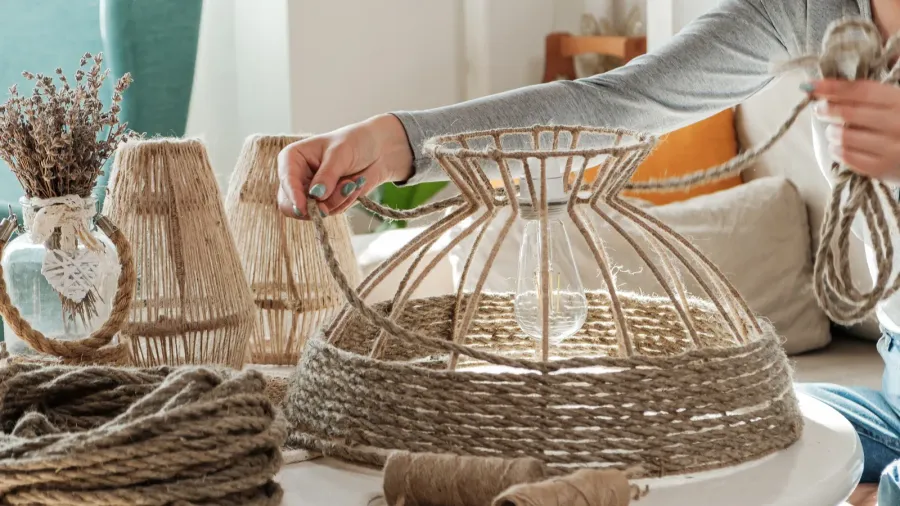 woman makes handmade diy lamp from jute rope at home