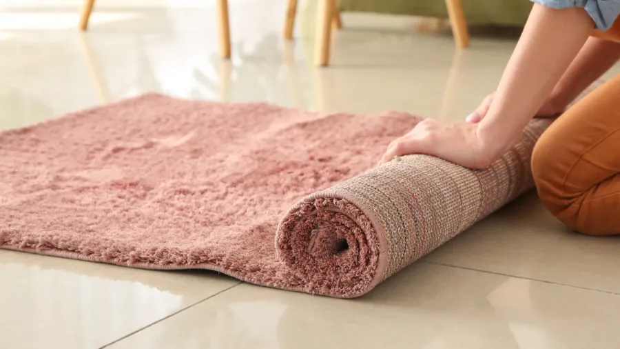 Person rolling out a rug on the floor.