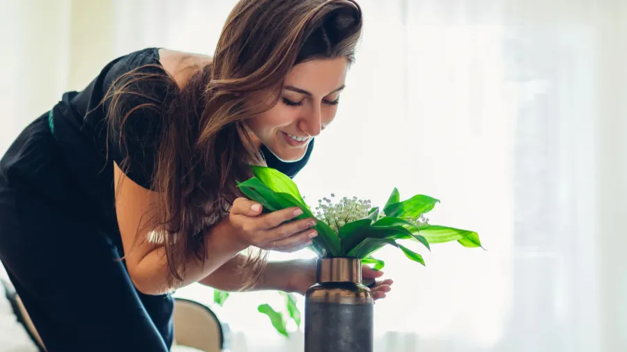 woman smelling flowers in vase on table allergy free housewife