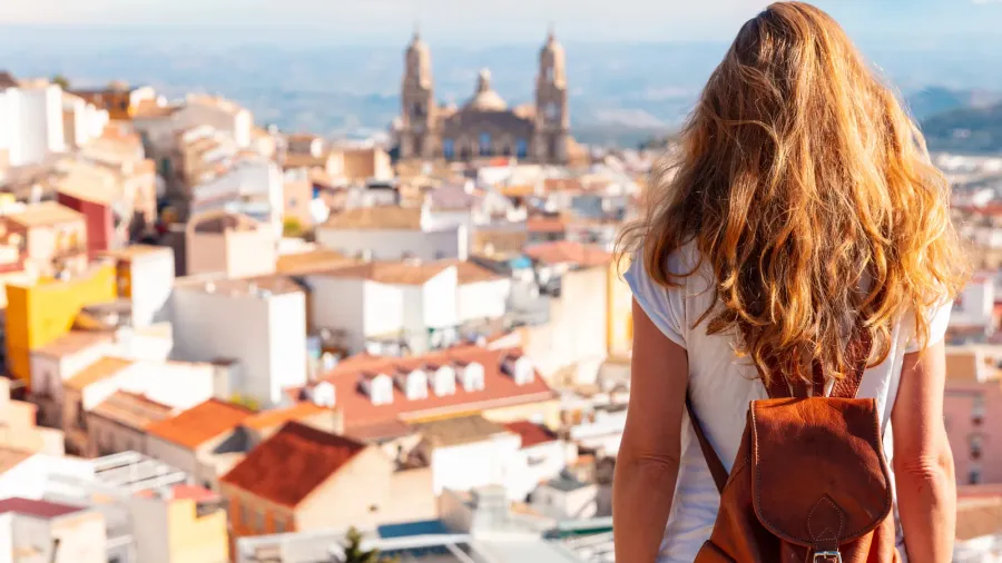 woman tourist travelling in spain jaen city panoramic view