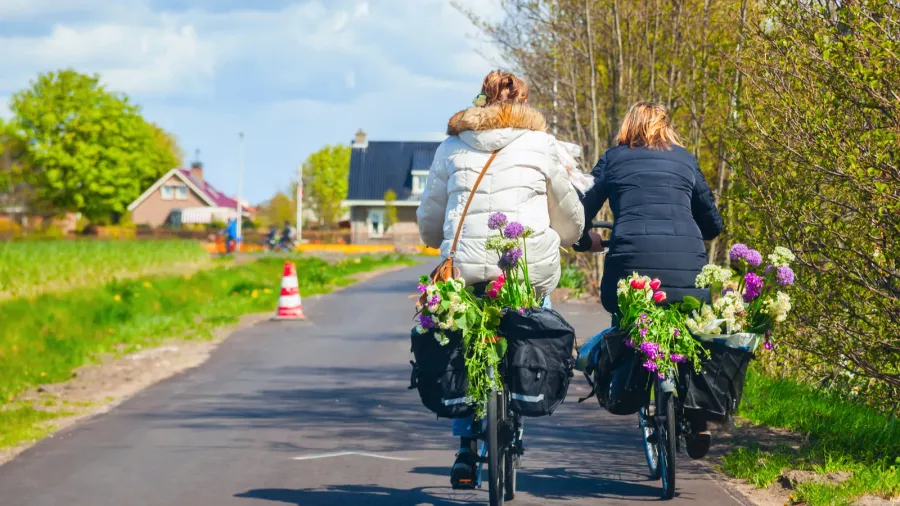 women riding bicycle with flowers in a basket