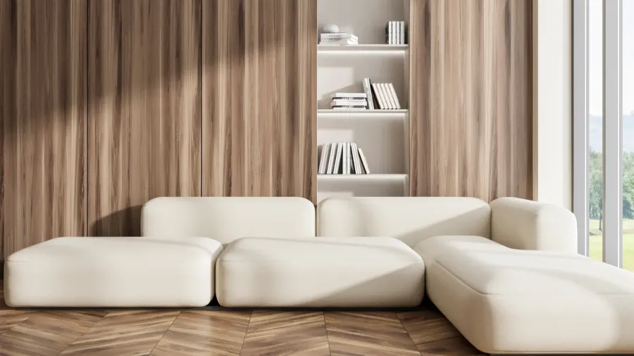 wooden relaxing room interior with sofa on hardwood floor soft