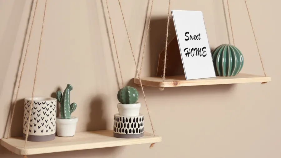 Wooden shelves on a beige wall with ceramic decor accents and a frame.