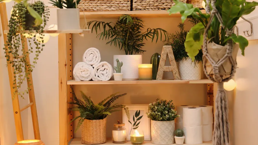 wooden shelving unit with green plants and different accessories indoors