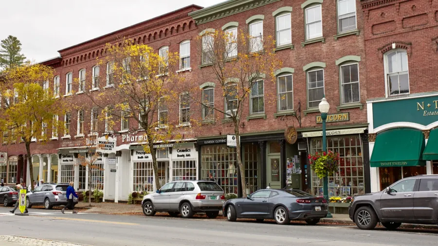 Small shops and restaurants on a cool Fall day in the historic New England town of Woodstock.