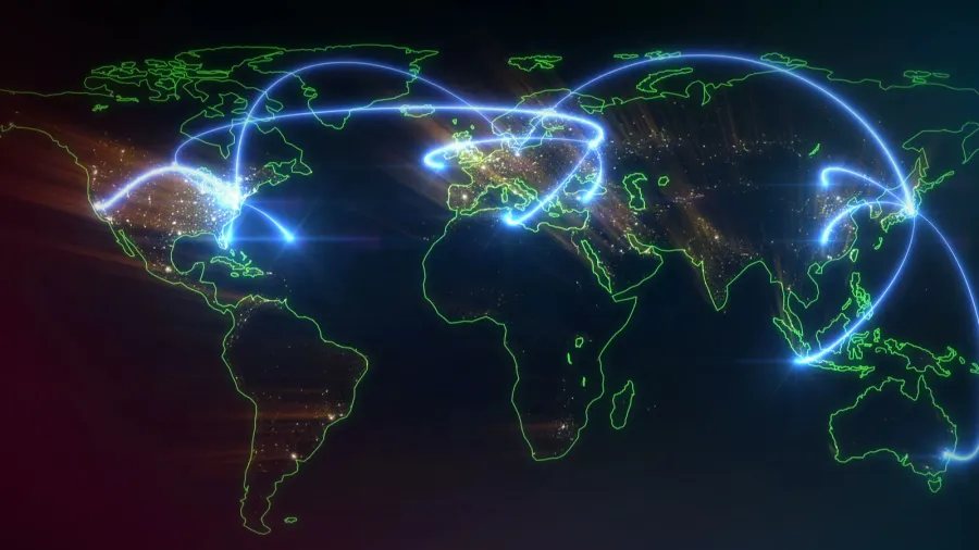 world map drawn lines city to city