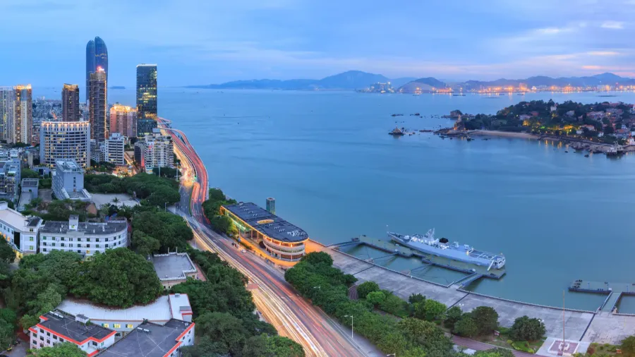 xiamen gulangyu island and lujiang road and shimao strait building