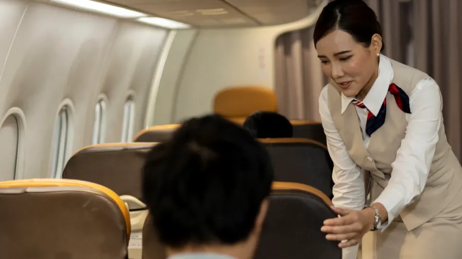 young attractive female airline crew or attendant is helping passenger