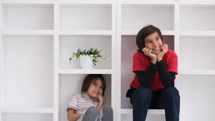 young boys posing on a shelf