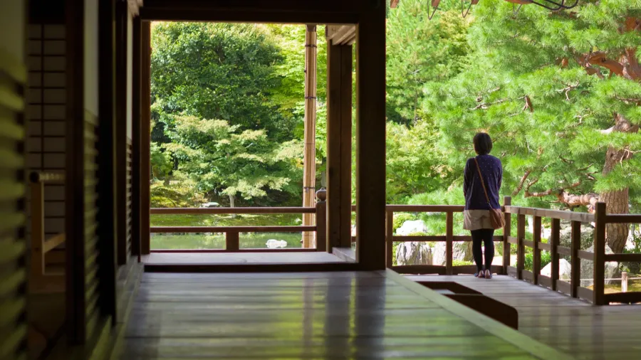 young girl looking to japanese zen garden