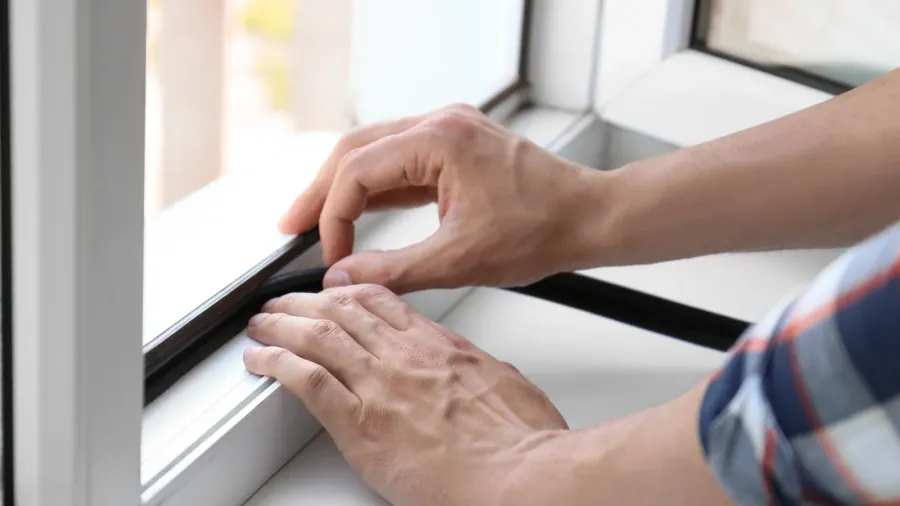 young man putting sealing foam tape on window indoors
