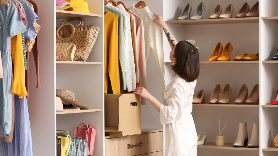 young woman arranging clothes at wardrobe