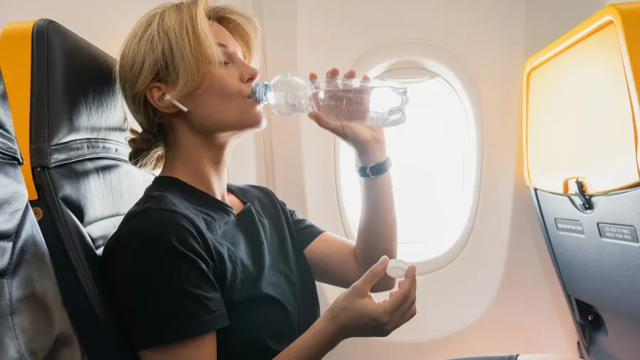 young woman drinks water during her flight in an airplane