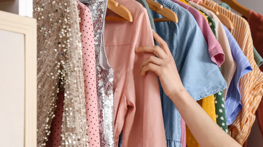 A close-up of colorful clothing hanging on a rack, highlighting the different textures and patterns.