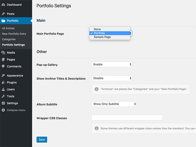 Easy Photography Portfolio - Settings Page