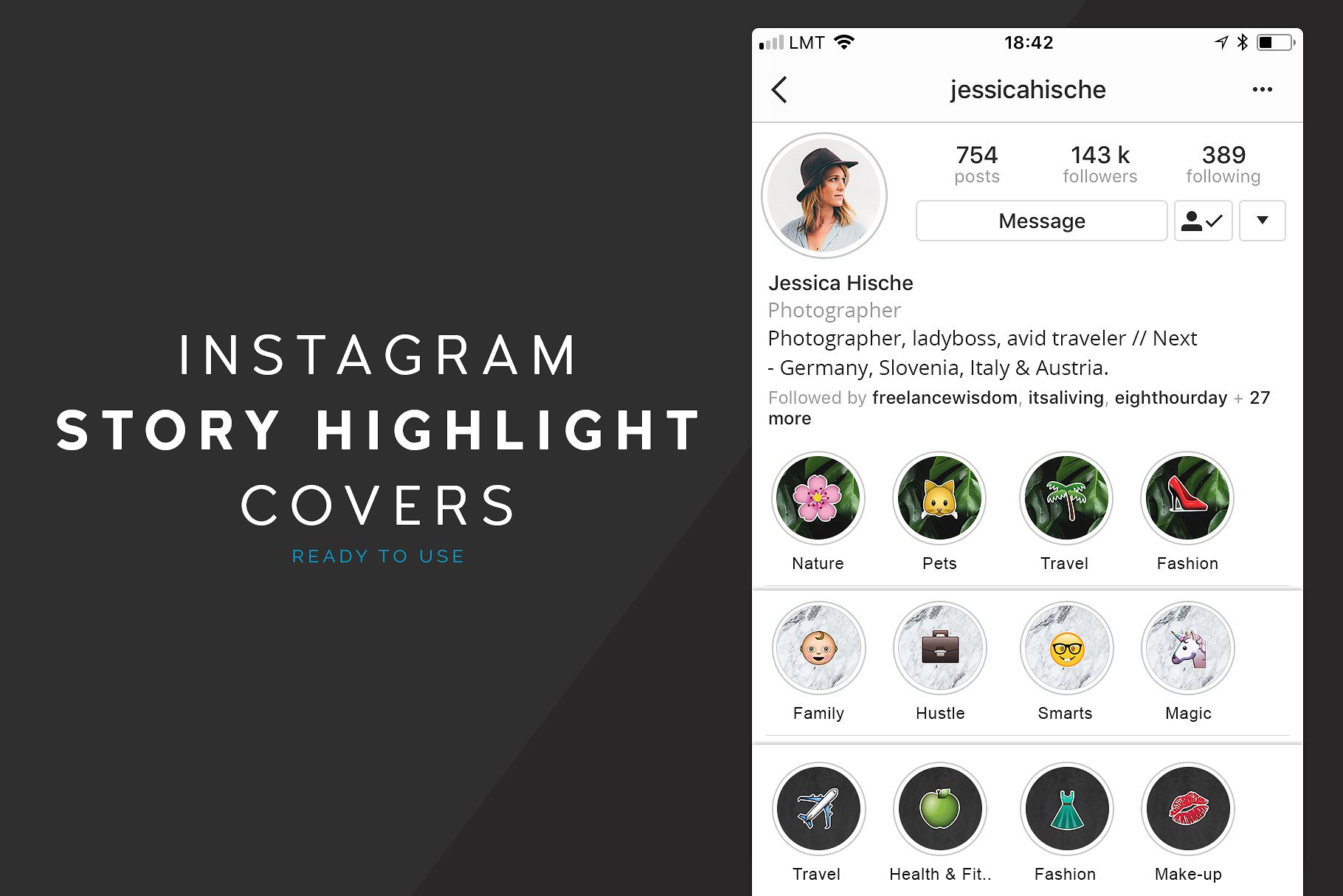 Indtagram Story Highlight Covers with emoji icons and marble texture.