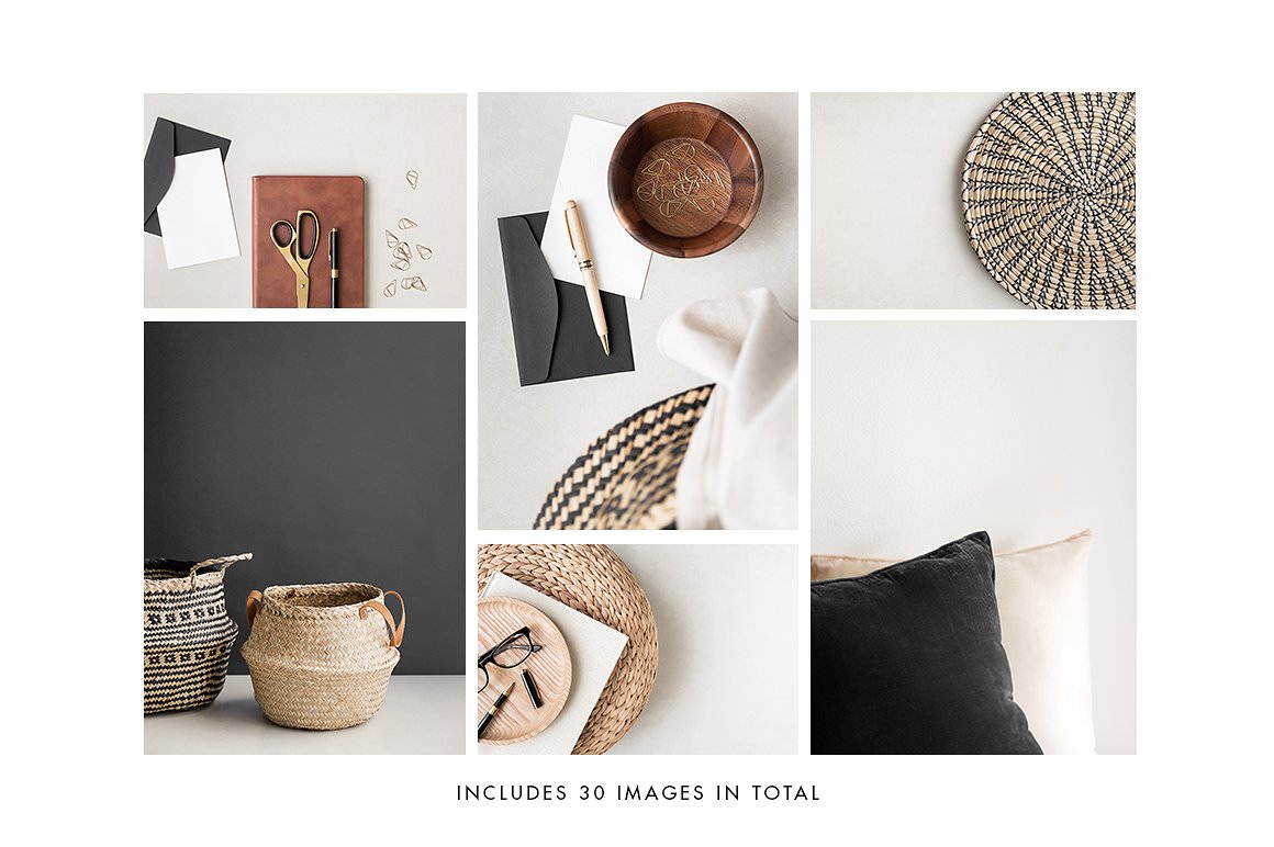 Styled stock photography bundle with boho elements, letters, pen, baskets and duvet covers.