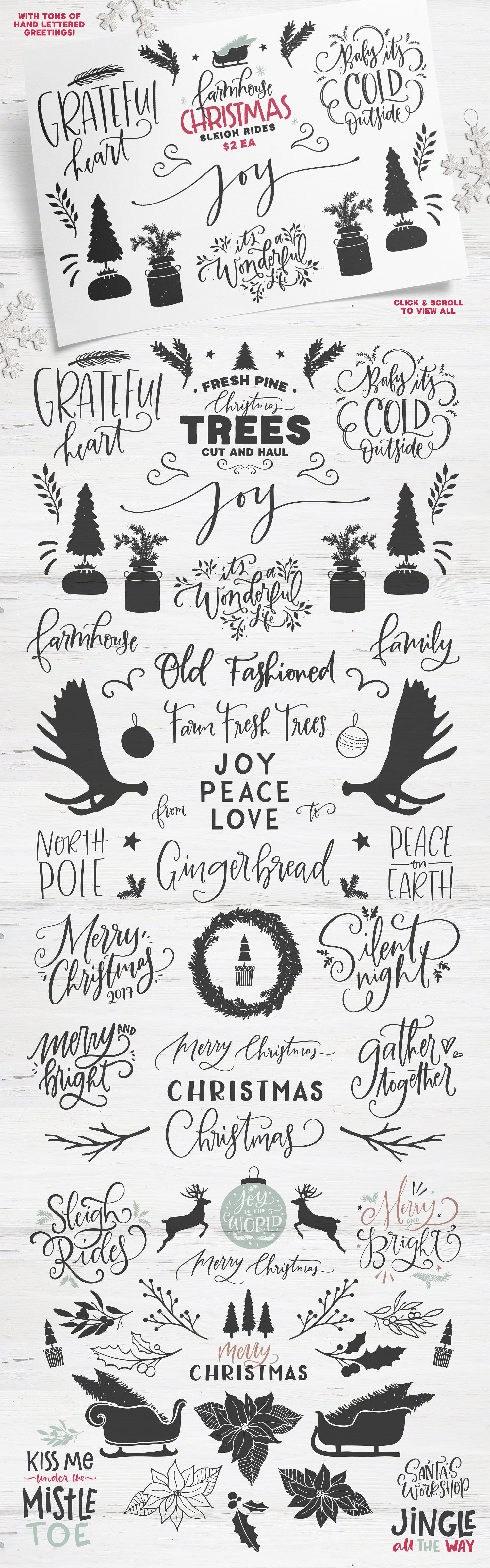 Farmhouse themed holiday graphics for holiday projects. Included pine trees and lettered phases.