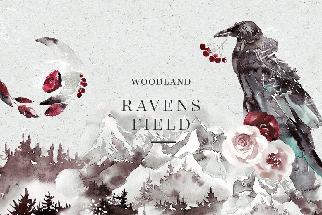 Free download - Watercolor forest and ravens.