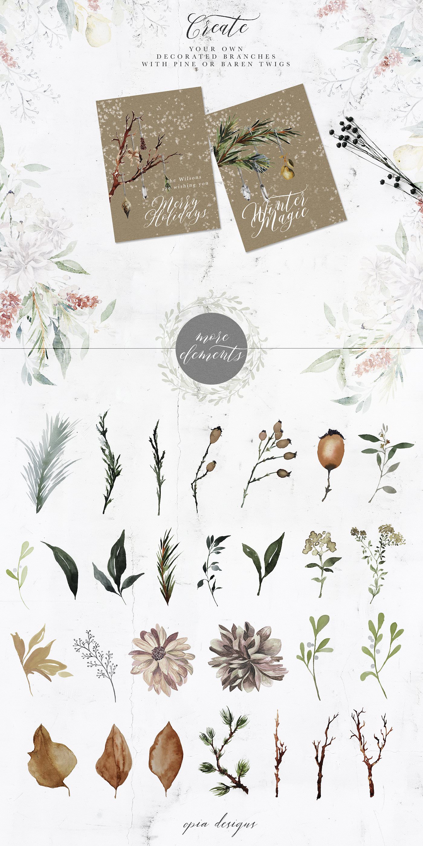 A set of decorative Christmas graphic elements - branches, leaves, florals -  included in this collection.
