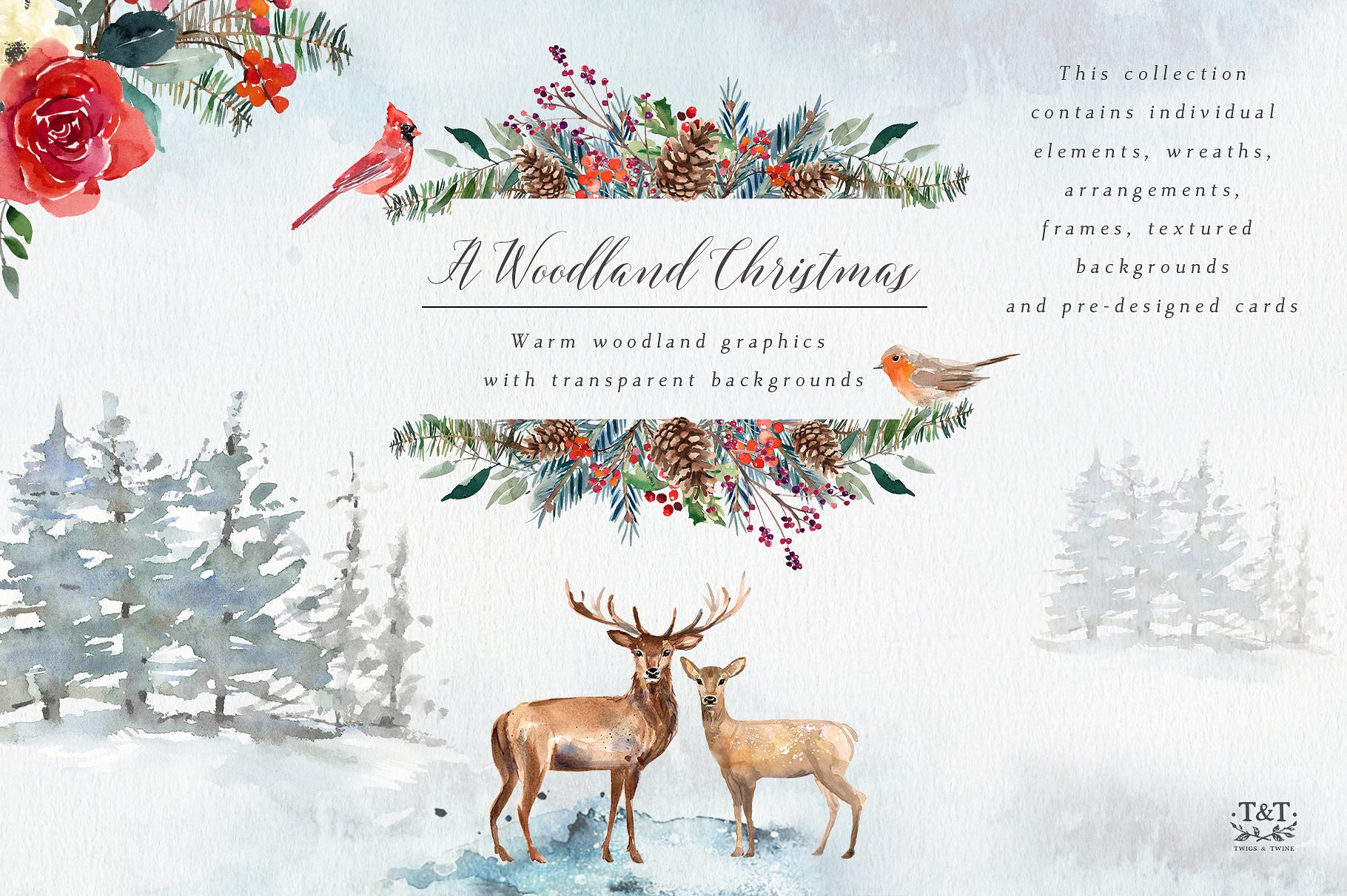 Woodland Christmas watercolor graphics.