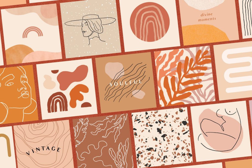Various pre-made graphic layouts with abstract shapes and patterns included.