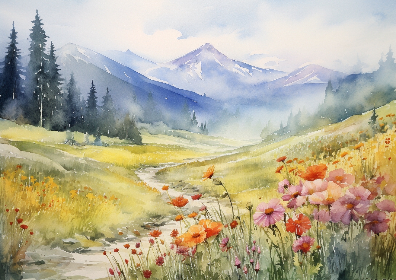 Watercolor painting of an alpine meadow