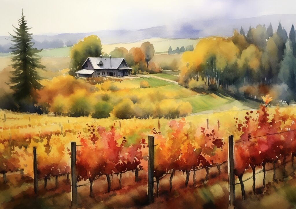 Watercolor painting of an autumn vineyard