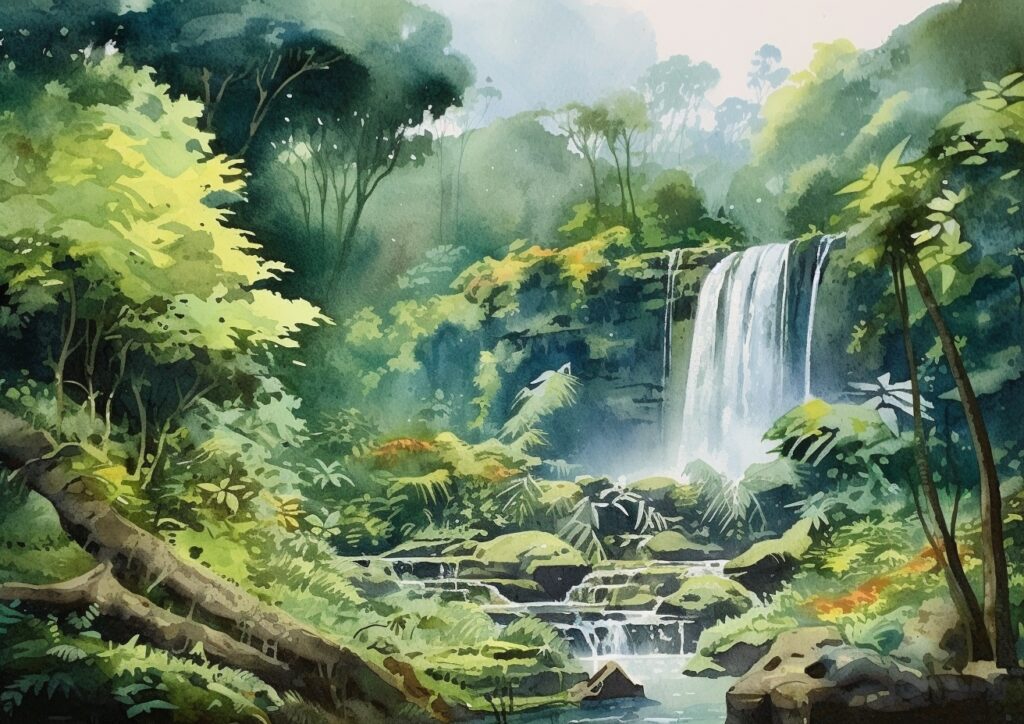 A beautiful painting of a rainforest waterfall surrounded by lush greenery