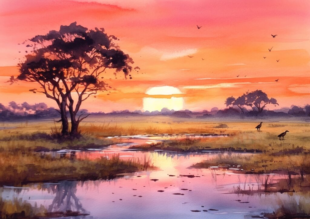 A beautiful painting of the savannah at sunset, with warm colors and large brush strokes capturing the natural beauty