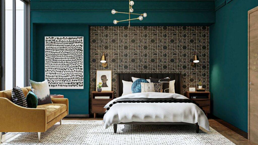 A patterned accent wall adds character and visual interest to your bedroom.