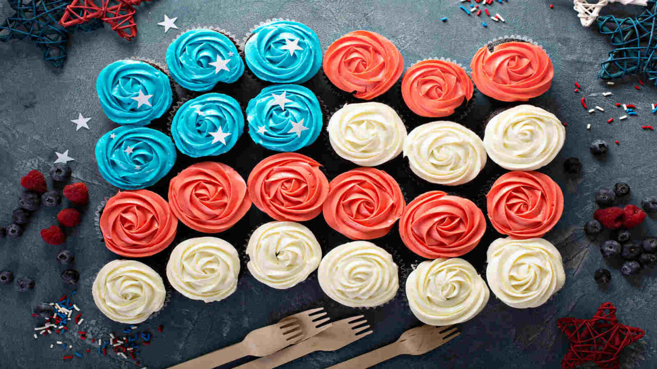 red, blue and white cupcakes