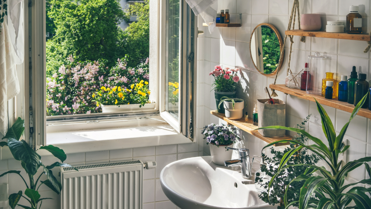 A refreshing washroom filled with with sunlight and decorated with plants