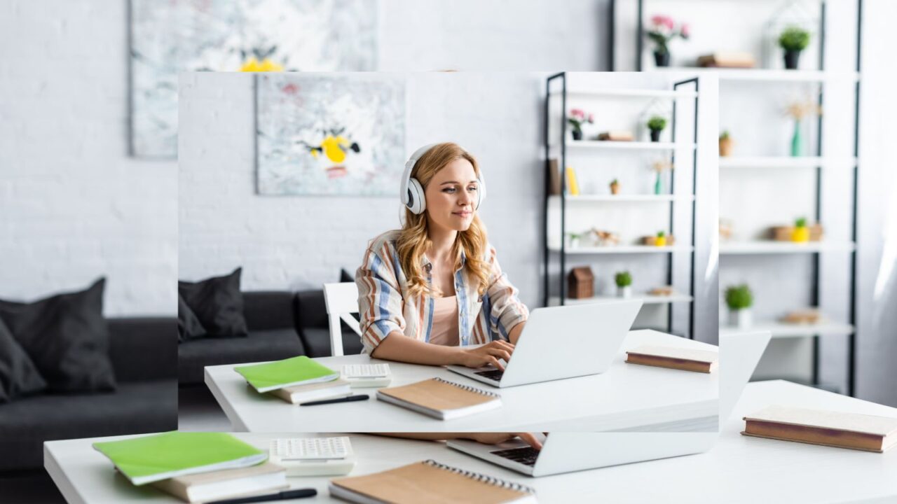 a woman wearing noise cancelling headphones