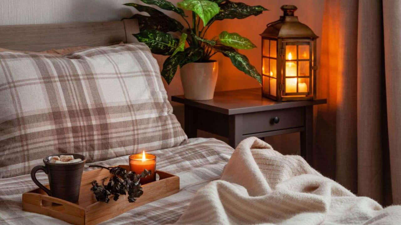 A tray with hot chocolate and candles on plaid patterned bedsheets