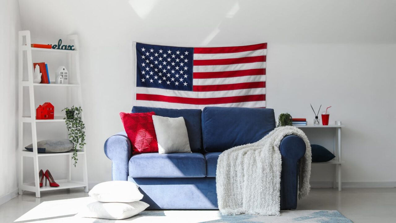 A room decorated with a big US flag