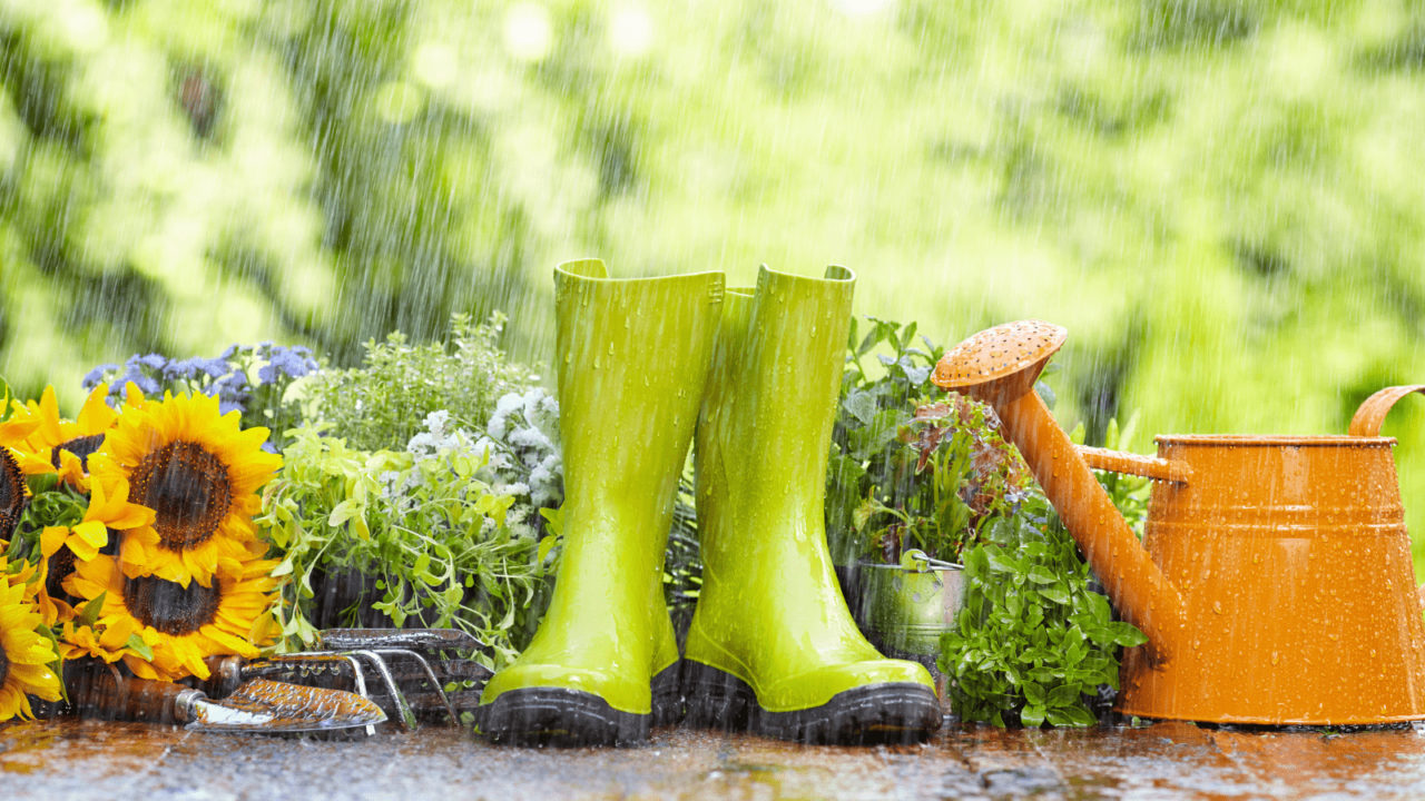 Gardening essentials getting wet in rain