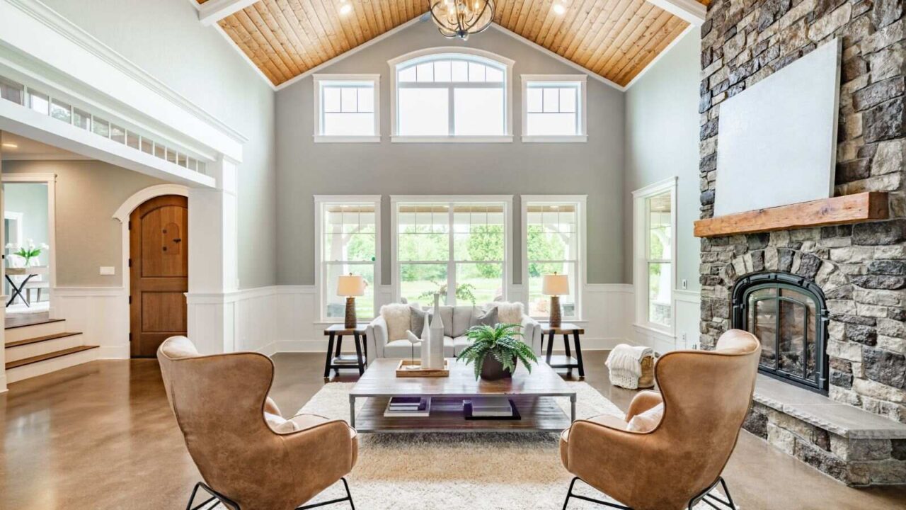 A living room with open floor layout