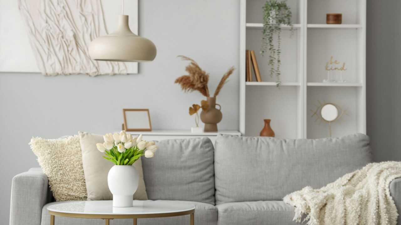 A white and gray living room with minima, calming decor