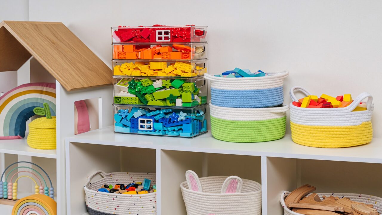 Toys in transparent bins and fabric storage bags arranged on a white shelf