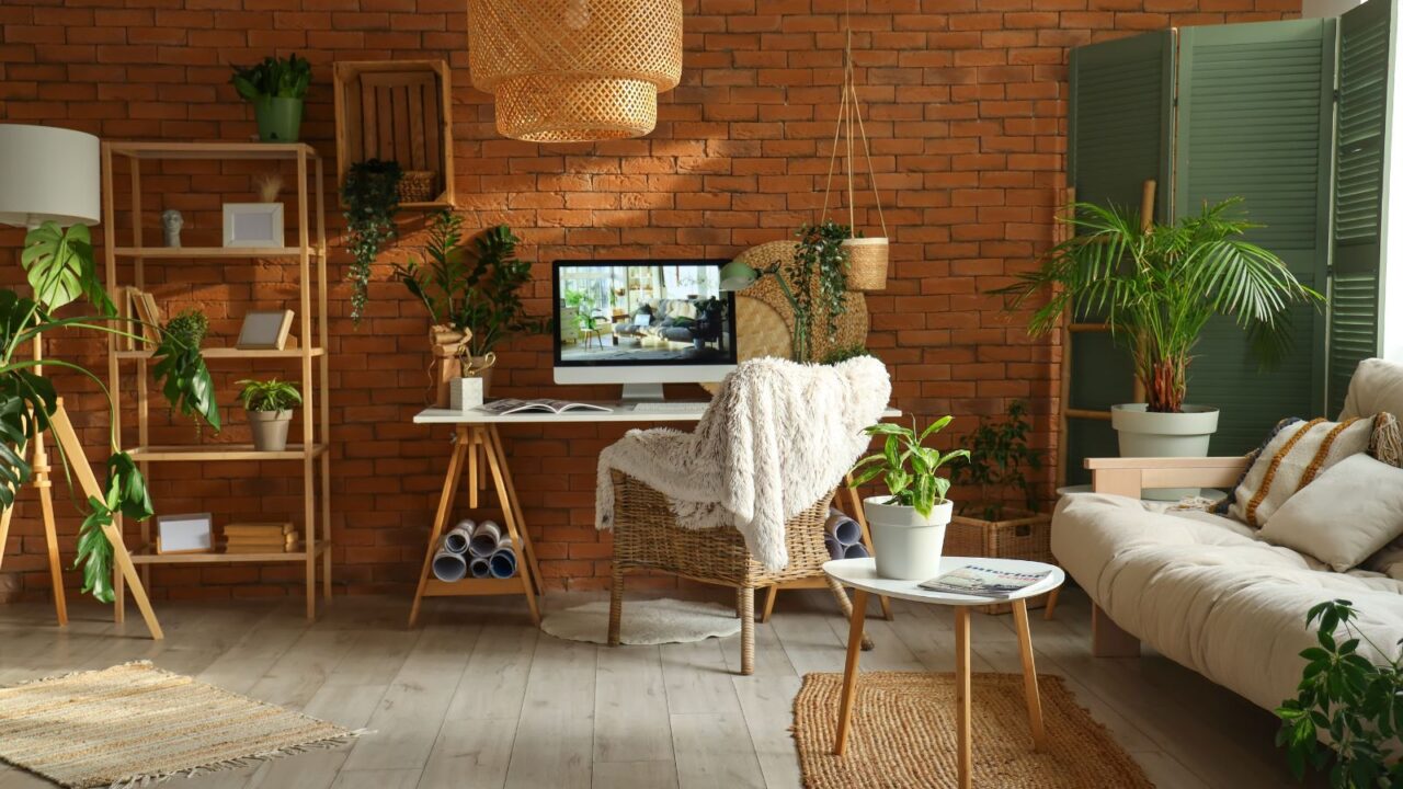 Interior of office with worktable, chair, green plants and sofa