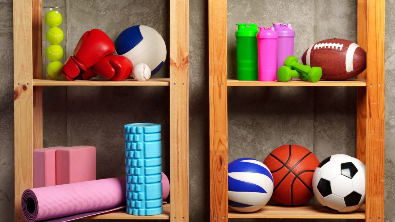 Sport equipments arranged in a shelf